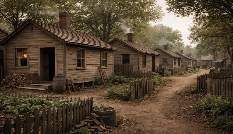 AI-generated illustration of a row of small wooden houses with picket fences and vegetable gardens along a dirt lane