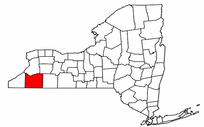 Outline map of the counties of New York State with Cattaraugus County highlighted in red in the southwest