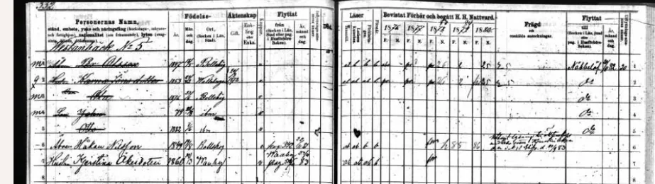 are-you-my-cousin-4 Handwritten Swedish household clerical survey page listing members of the Olsson family