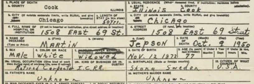 are-you-my-cousin-5 Section of Martin Jepson's 1950 Chicago death certificate showing his name, address on East 69th Street, and birthplace in Skåne, Sweden