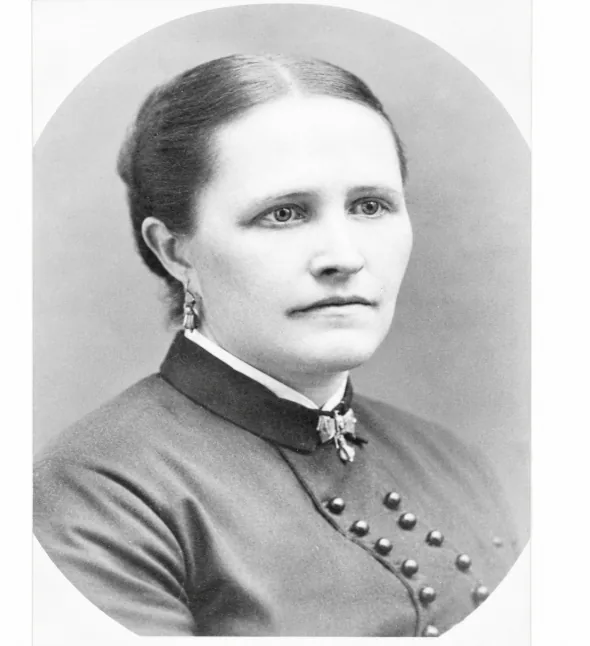 Oval black-and-white portrait of Augusta Weber, hair pulled back, wearing a dark buttoned dress with a bow at the collar