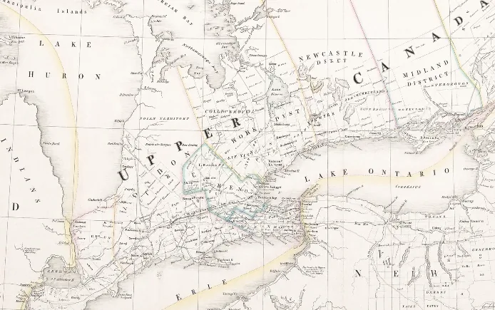 Antique map of Upper Canada showing Lake Ontario, Lake Erie, Lake Huron and the surrounding districts