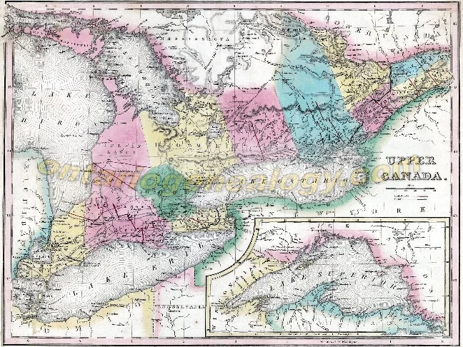 Hand-coloured antique map of Upper Canada with its districts shaded in pink, yellow, blue and green