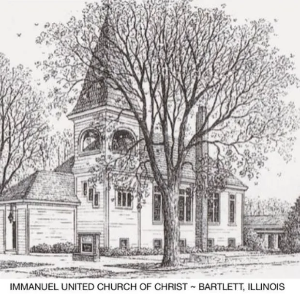 engel-pfingsten-weber-1814-1883 Pen-and-ink drawing of Immanuel United Church of Christ in Bartlett, Illinois, with its bell tower and a large tree in front