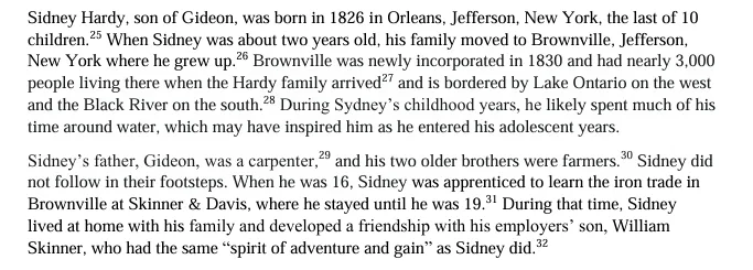 Excerpt of a formal biographical sketch of Sidney Hardy with numbered footnotes, describing his birth in Orleans, New York and his apprenticeship in Brownville