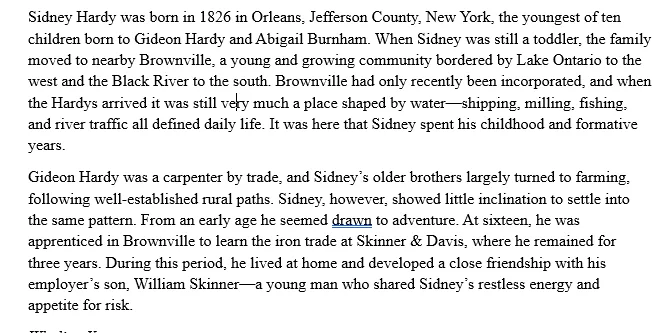 Excerpt of a revised, more narrative version of the Sidney Hardy sketch describing his childhood in Brownville and his apprenticeship in the iron trade