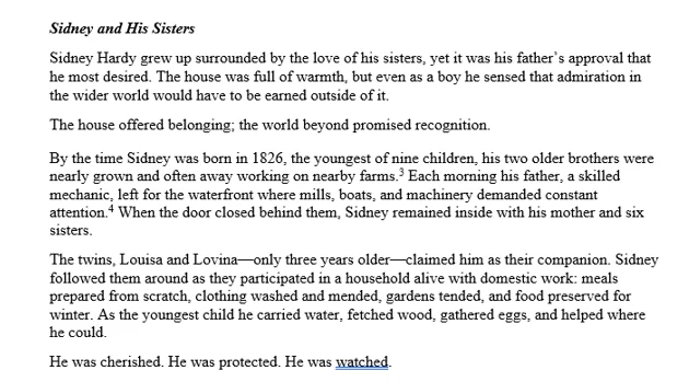 Excerpt titled Sidney and His Sisters, a storytelling version of Sidney Hardy's childhood with his twin sisters Louisa and Lovina