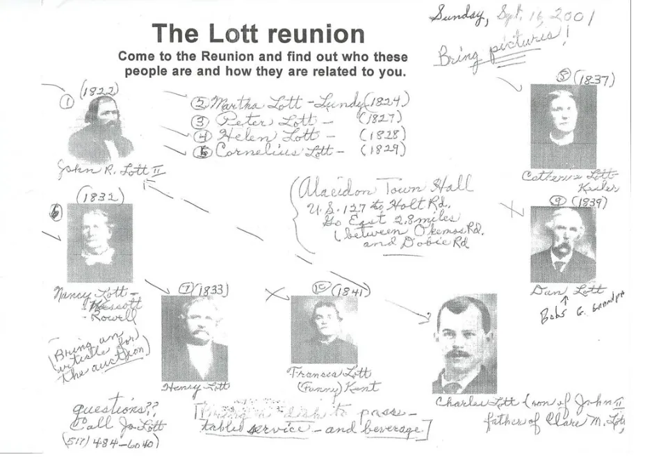 Photocopied 2001 Lott family reunion flyer with small portraits of Lott ancestors and handwritten notes