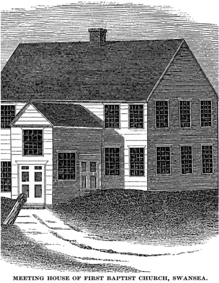 Engraving captioned "Meeting House of First Baptist Church, Swansea" showing a two-storey clapboard meeting house with a gabled porch