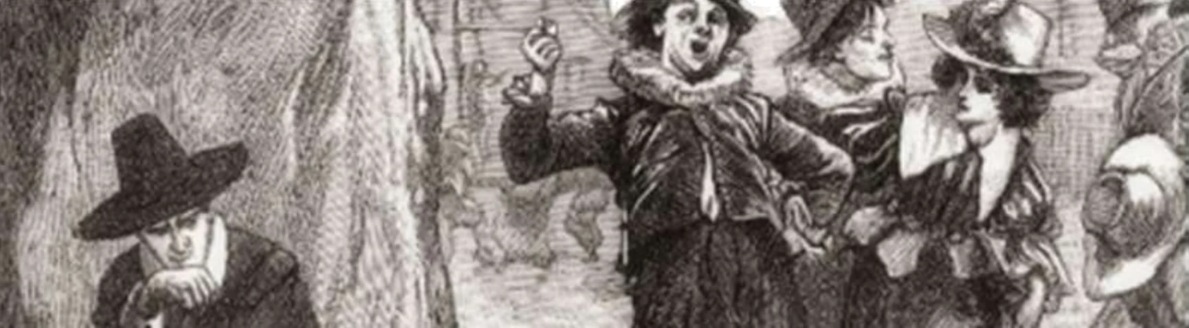 Nineteenth-century engraving of a Puritan street scene, with one plainly dressed man sitting apart from the animated group beside him