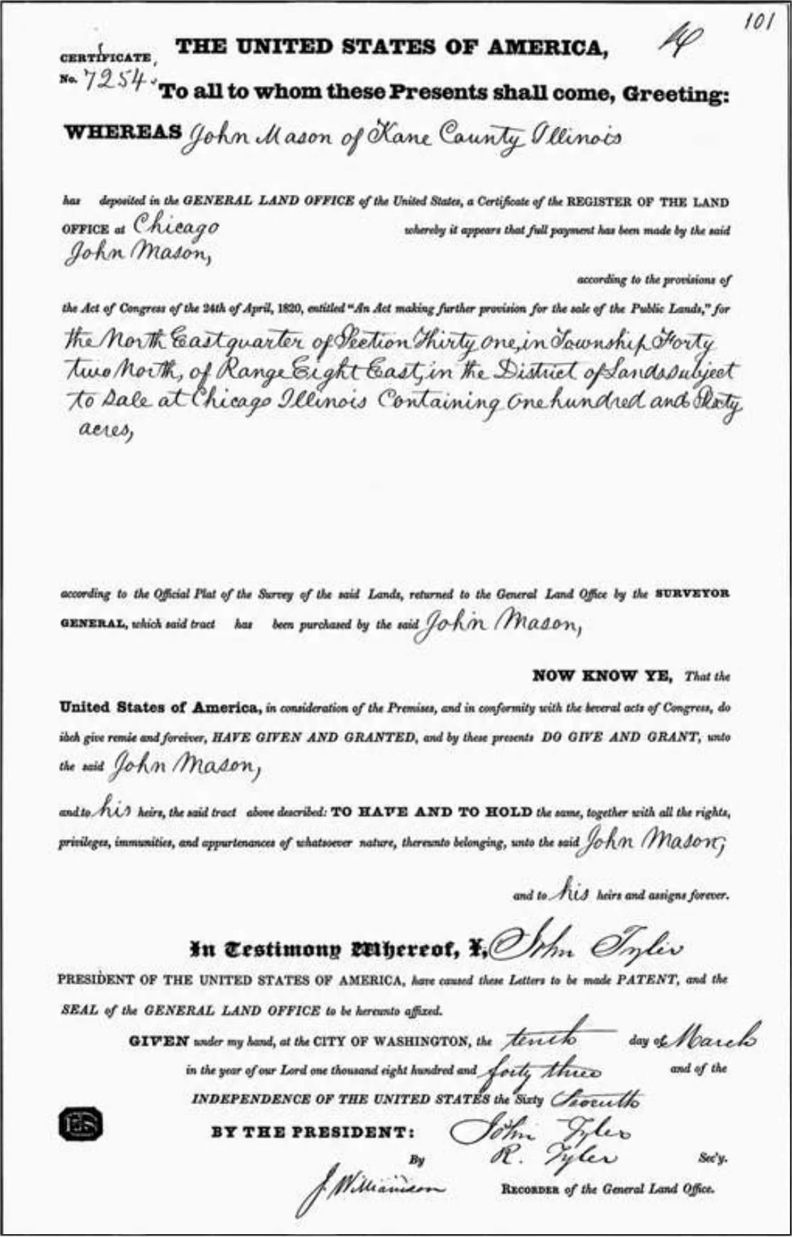 Handwritten United States General Land Office patent recording John Thomas Mason’s 1843 purchase of federal land in Illinois