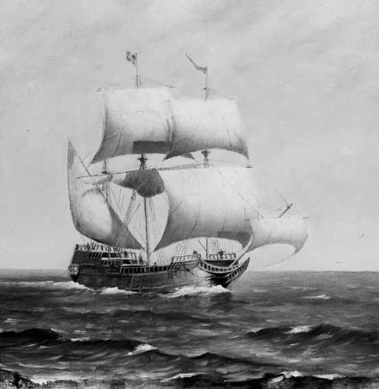 Black-and-white painting of the Mayflower under full sail on a rough sea