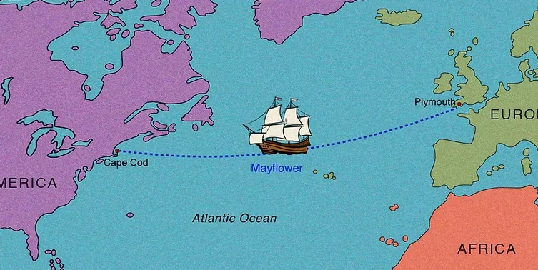 our-mayflower-ancestor-wasnt-a-pilgrim-3 Map of the Atlantic Ocean showing the Mayflower's route from Plymouth, England to Cape Cod