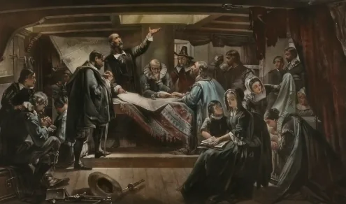 our-mayflower-ancestor-wasnt-a-pilgrim-4 Painting of the Mayflower passengers gathered in the ship's cabin to sign the Mayflower Compact
