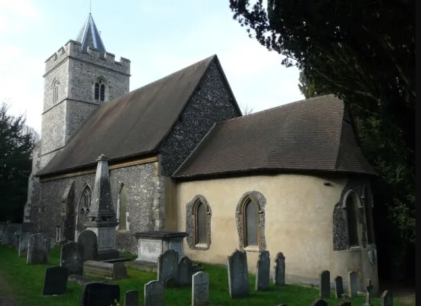 our-mayflower-ancestor-wasnt-a-pilgrim-5 Flint-walled parish church of St. John the Baptist in Great Amwell, Hertfordshire, with a square tower and churchyard gravestones