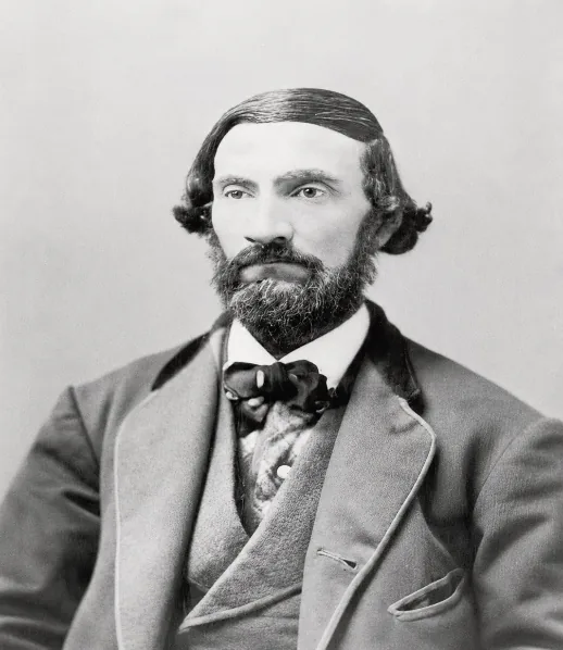 sidney-w-hardy-1826-1885 Black-and-white portrait of Sidney W. Hardy, a bearded man in a jacket and bow tie