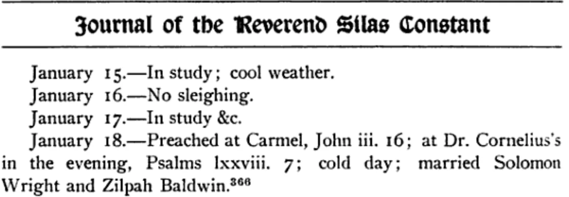 Printed page from the Journal of the Reverend Silas Constant recording that on January 18 he married Solomon Wright and Zilpah Baldwin