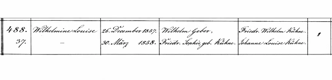 Handwritten 1857 German church register entry for the baptism of Wilhelmine Louise, daughter of Wilhelm and Sophie Gerber