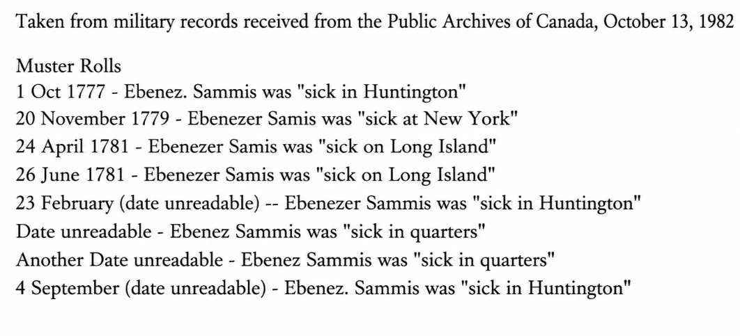 Transcribed list of Loyalist muster roll entries from 1777 to 1781 recording Ebenezer Sammis as sick in Huntington, New York and Long Island