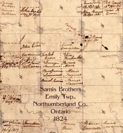 Hand-drawn 1824 township map of Emily Township, Northumberland County, Ontario, with lots labelled Samis Brothers