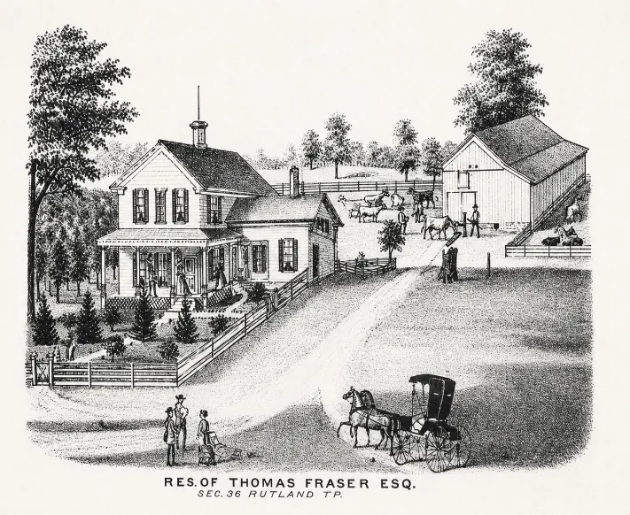 Engraving of the Thomas Fraser residence in Rutland Township, with farmhouse, barn, fenced yard and a horse and buggy on the lane