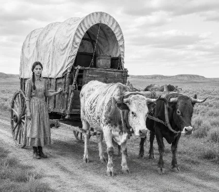 AI-generated illustration of a young woman in a long dress standing beside a covered wagon pulled by two oxen