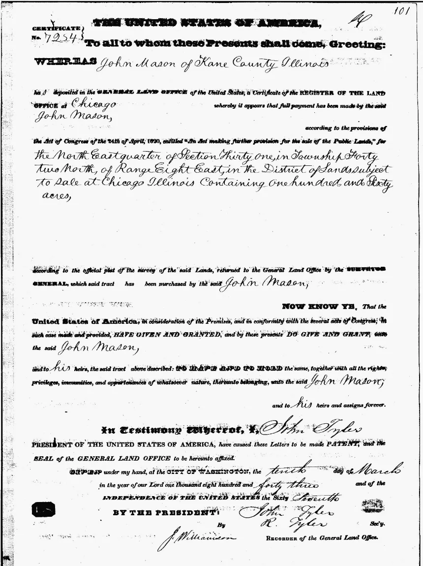 Handwritten U.S. General Land Office land patent issued to John Mason of Kane County, Illinois