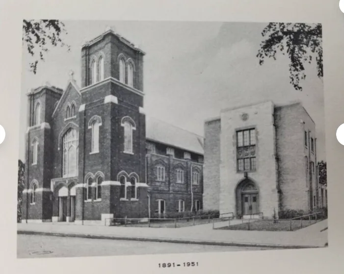 Historic photograph of Gustavus Adolphus Lutheran Church in Chicago, a brick church with twin towers, marked 1891-1951