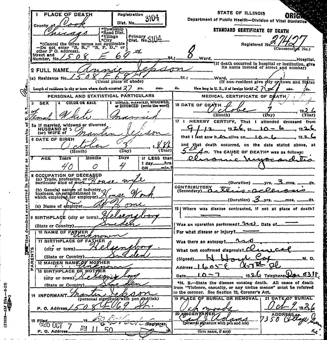 Handwritten 1926 Illinois death certificate for Annie Jepson of Chicago