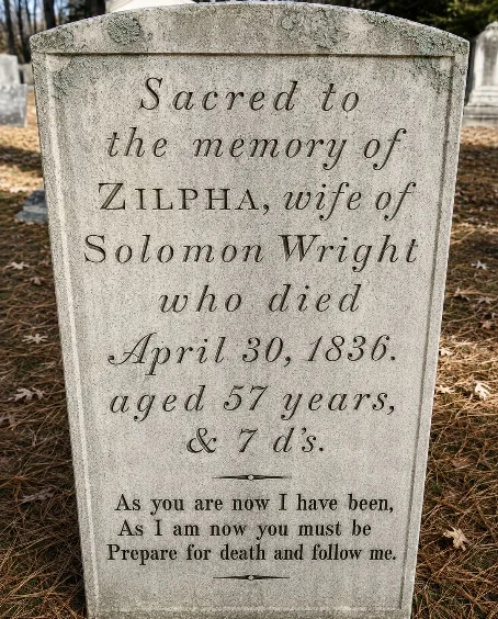 zilpha-baldwin-wright-1779-1836 Weathered gravestone reading Sacred to the memory of Zilpha, wife of Solomon Wright, who died April 30, 1836, aged 57 years and 7 days
